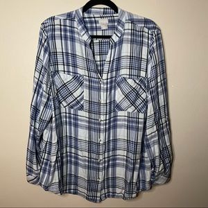 Chicos Blue Plaid Easy Roll Tab Button Up Shirt Women’s Size 3 (16/18)
